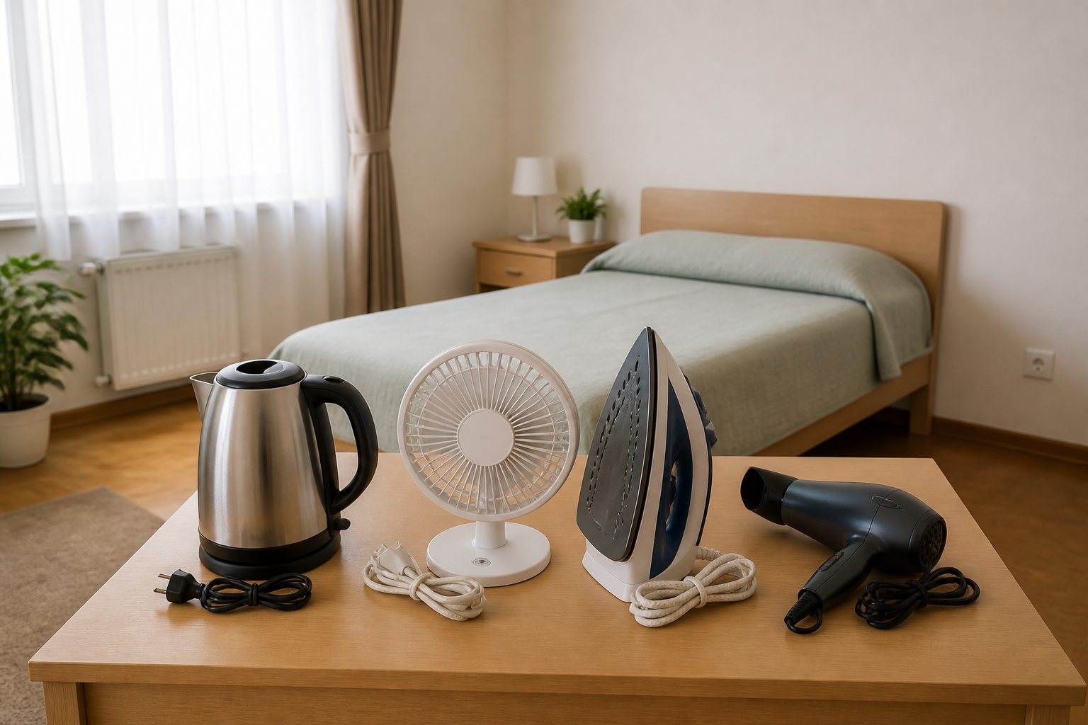 Hervidor, ventilador, plancha y secador desenchufados sobre una mesa estable en una habitación alquilada