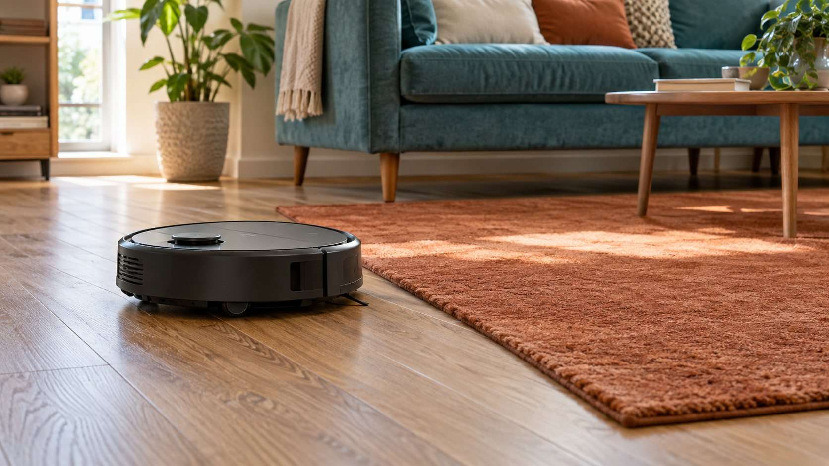 Robot aspirador junto a una alfombra de pelo corto